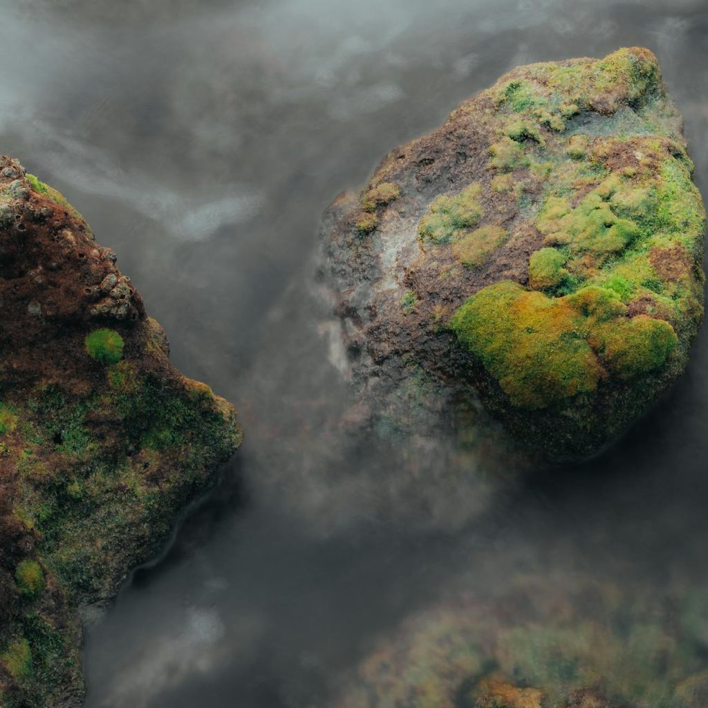 Dark basalt rock formation with industrial injection pipes and faint steam rising from the ground