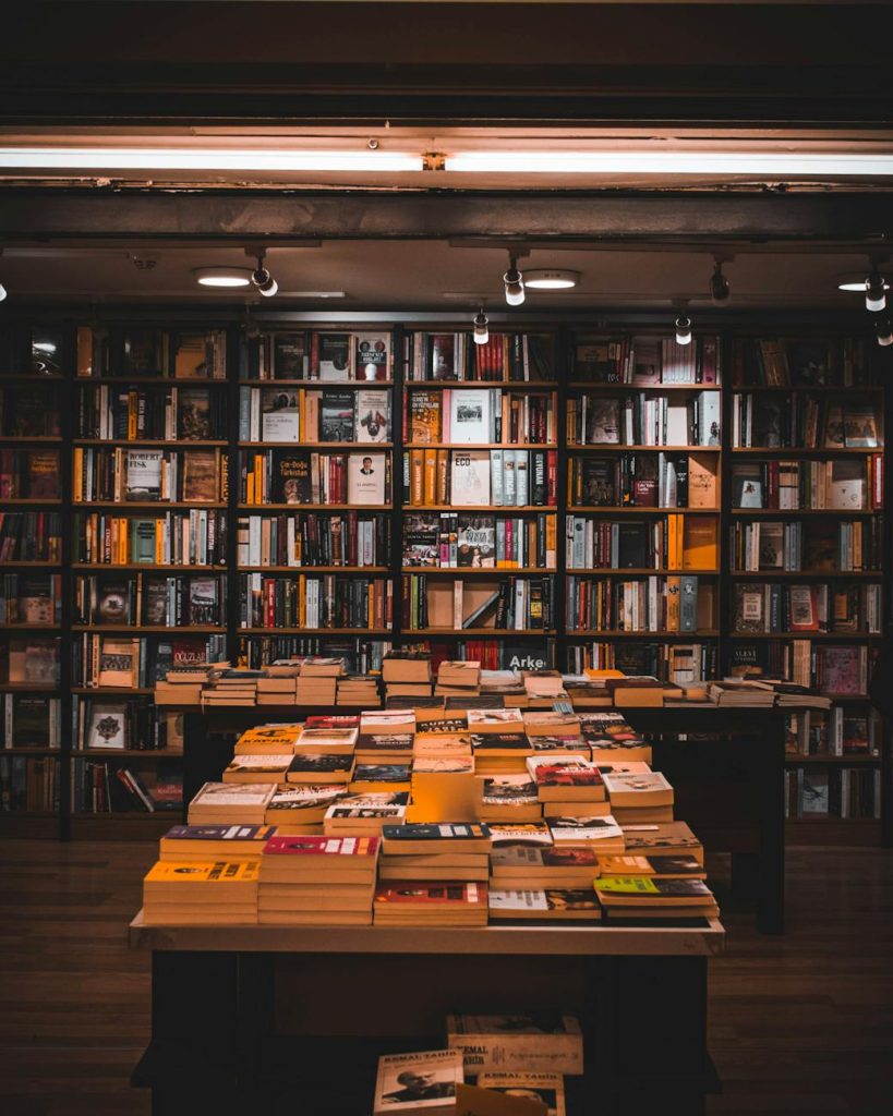 Young reader browsing fiction shelves in a bright modern Korean bookstore