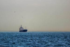 Cargo ship anchored at dusk in a narrow coastal strait with other vessels visible in the distance